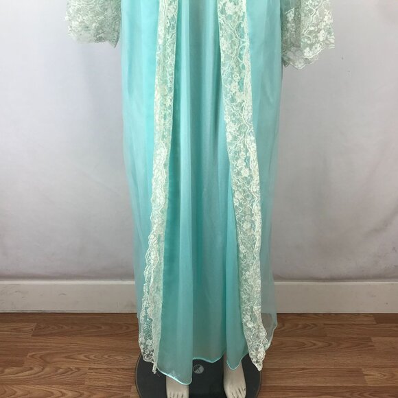 VINTAGE JOAN COLLINS- WOMEN'S MEDIUM - BLUE 2 PIECE NYLON NIGHT GOWN & ROBE SET - Picture 3 of 9